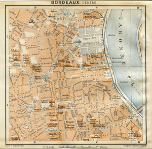 1914 Bordeaux Centre, South of France Town Plan, Antique Baedeker Map, Print