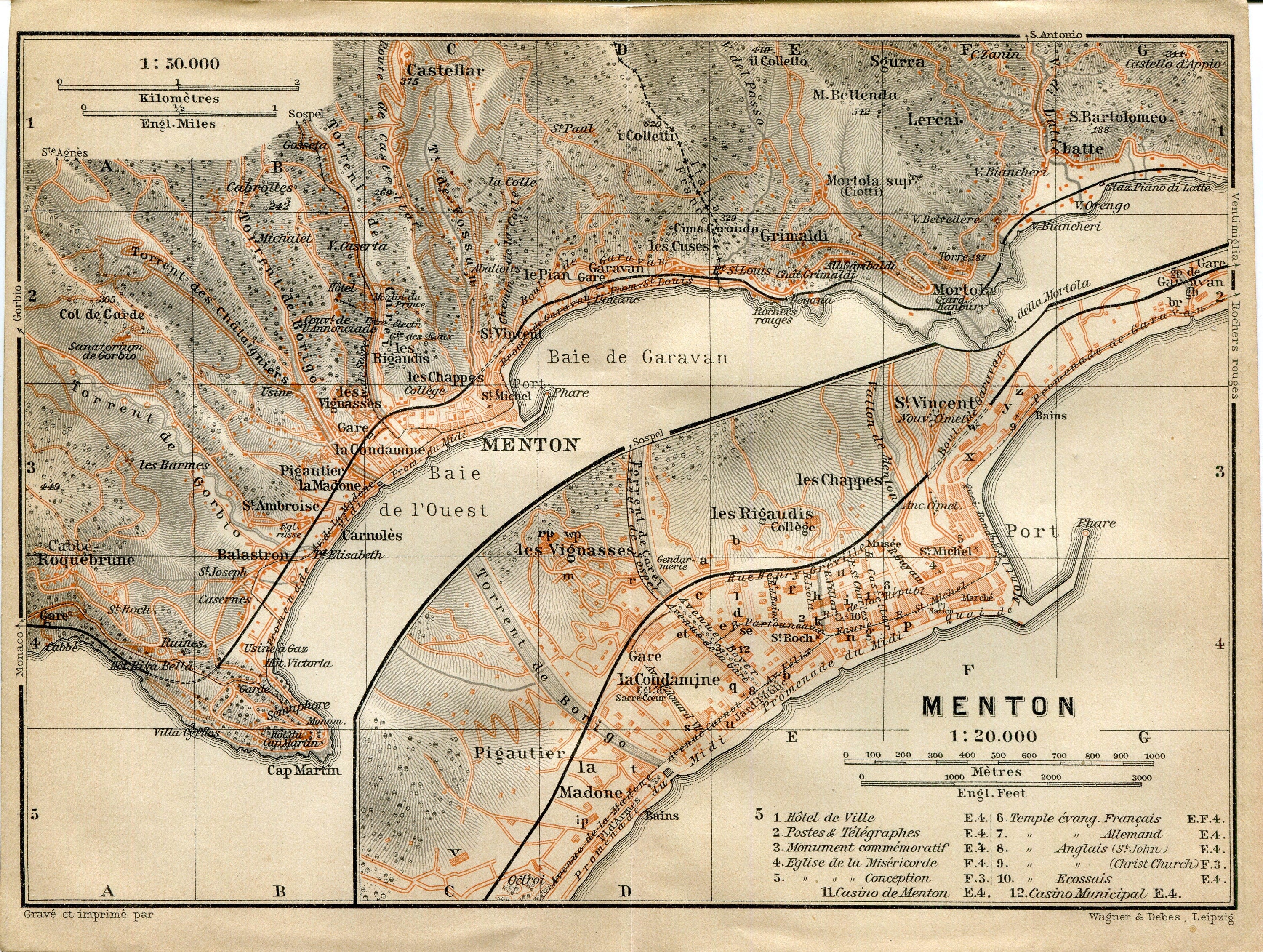 1914 Menton, South of France Town Plan, Antique Baedeker Map, Print