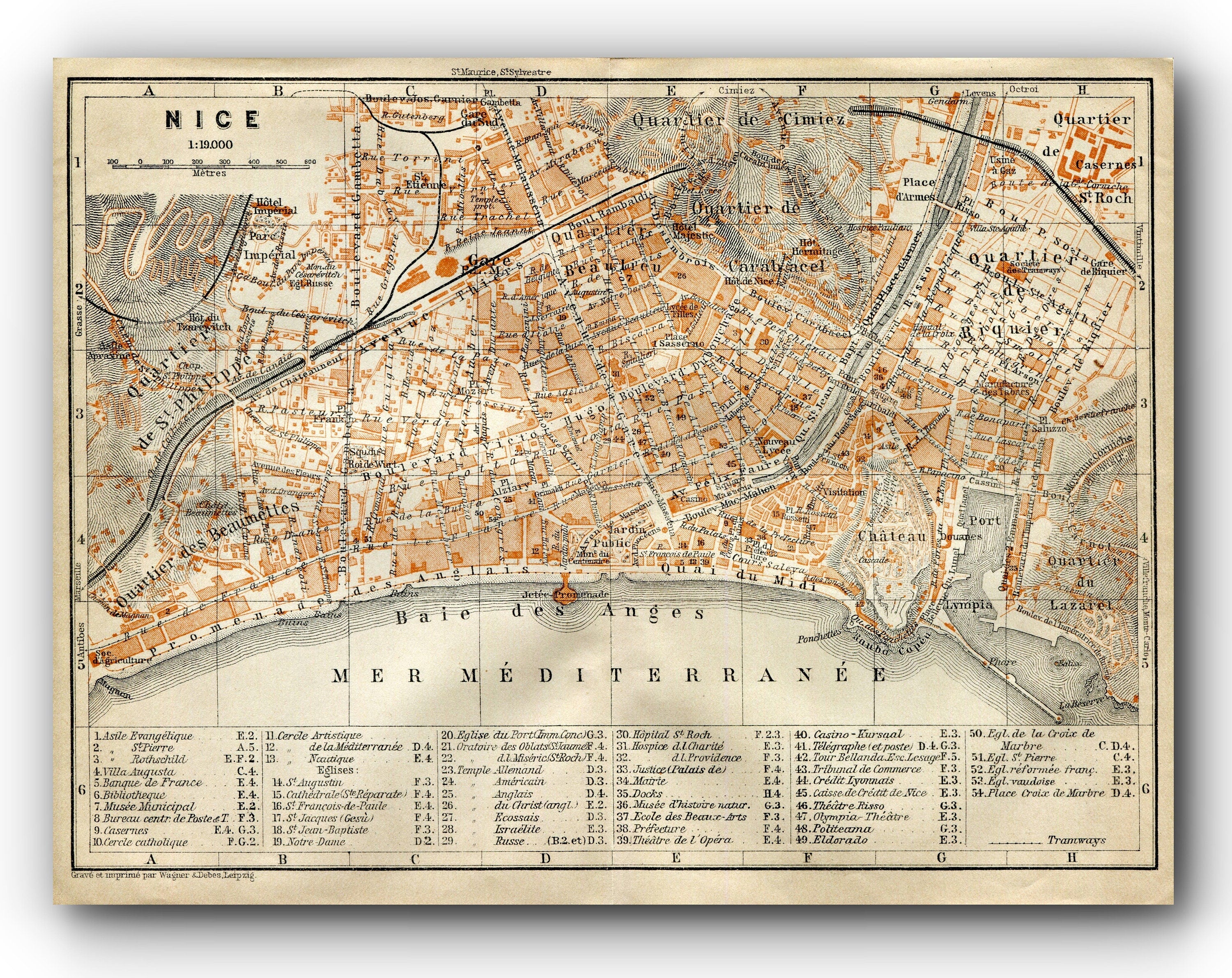 1914 Nice, South of France Town Plan, Antique Baedeker Map, Print