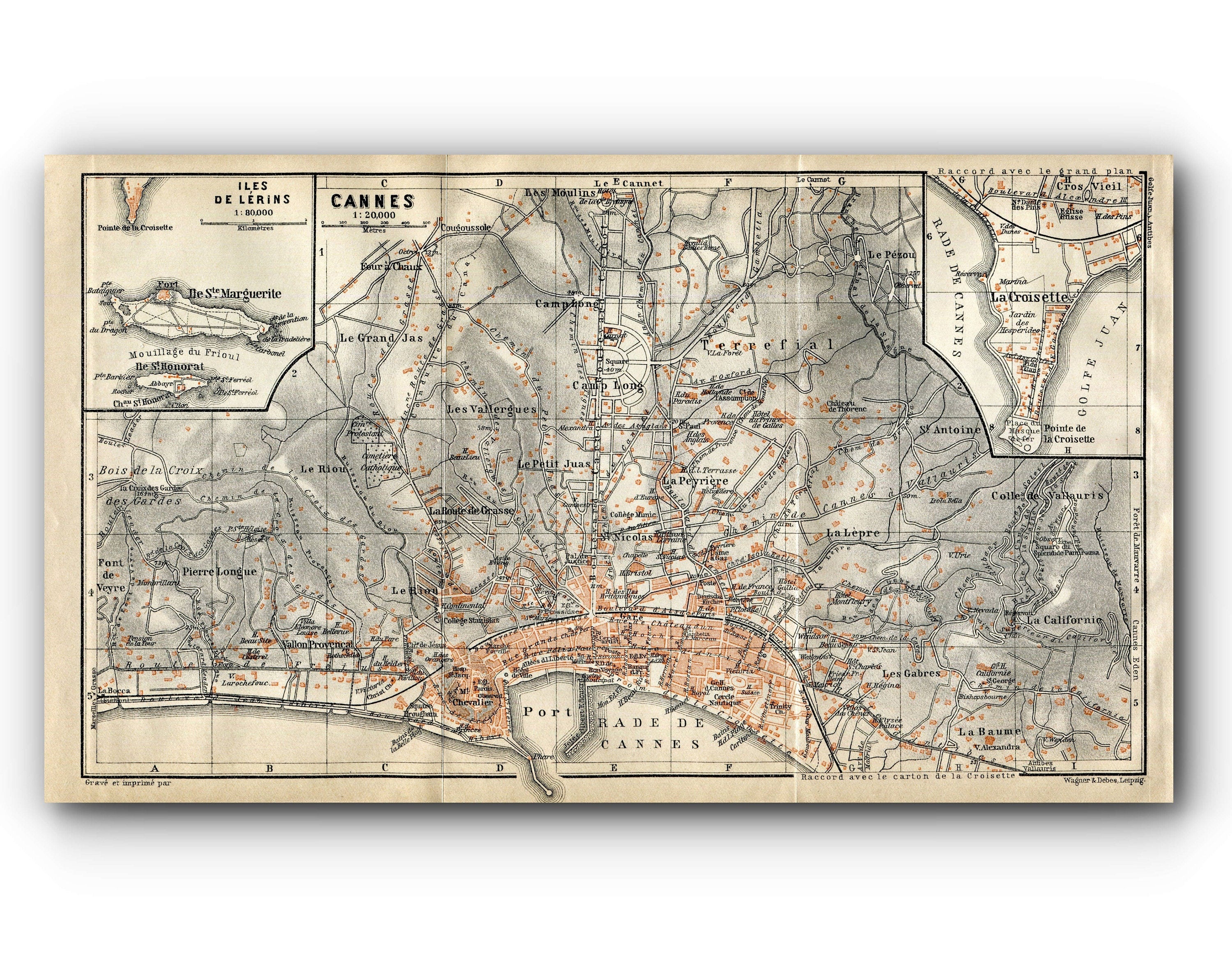 1914 Cannes, South of France Town Plan, Antique Baedeker Map, Print