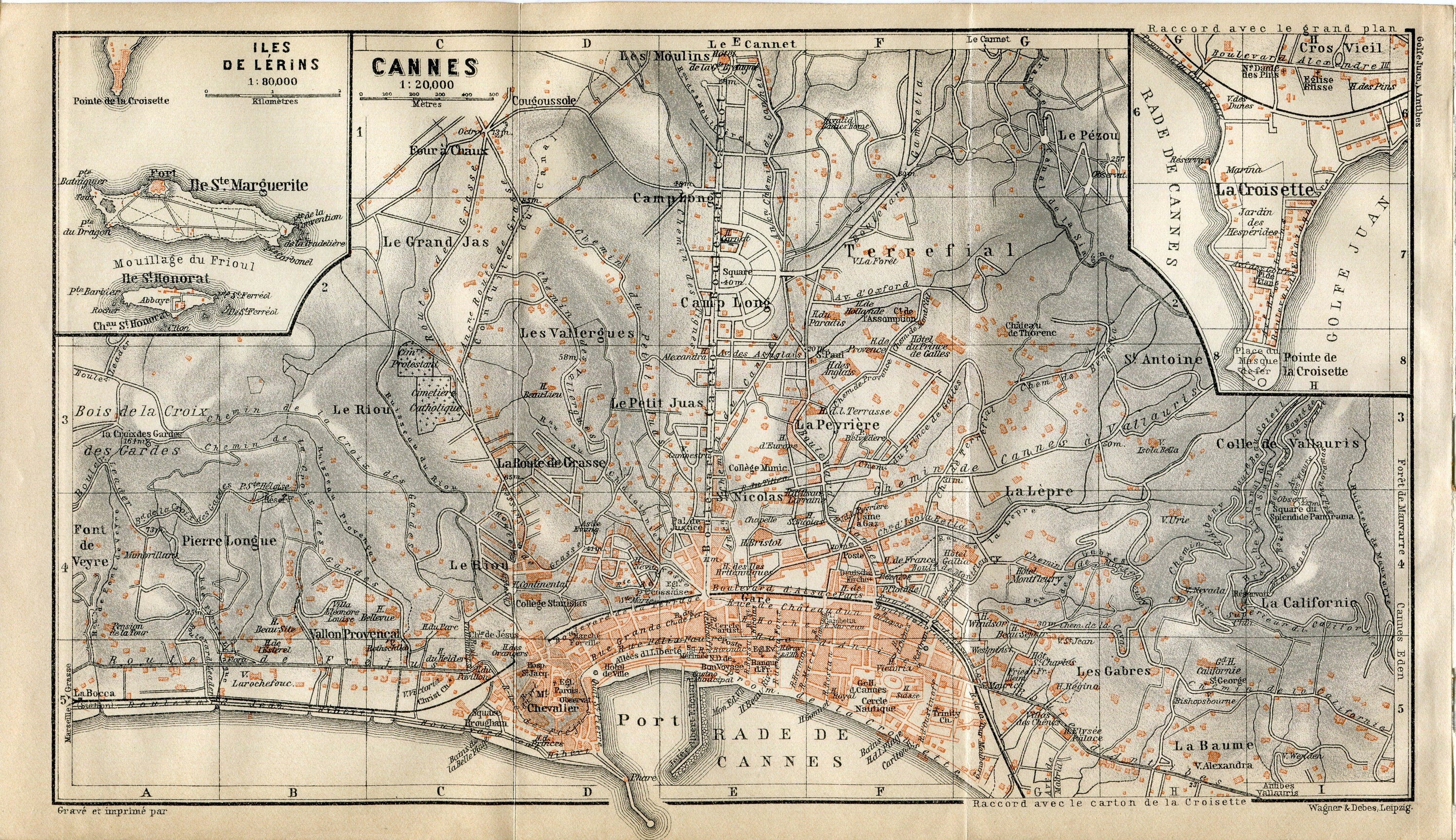 1914 Cannes, South of France Town Plan, Antique Baedeker Map, Print