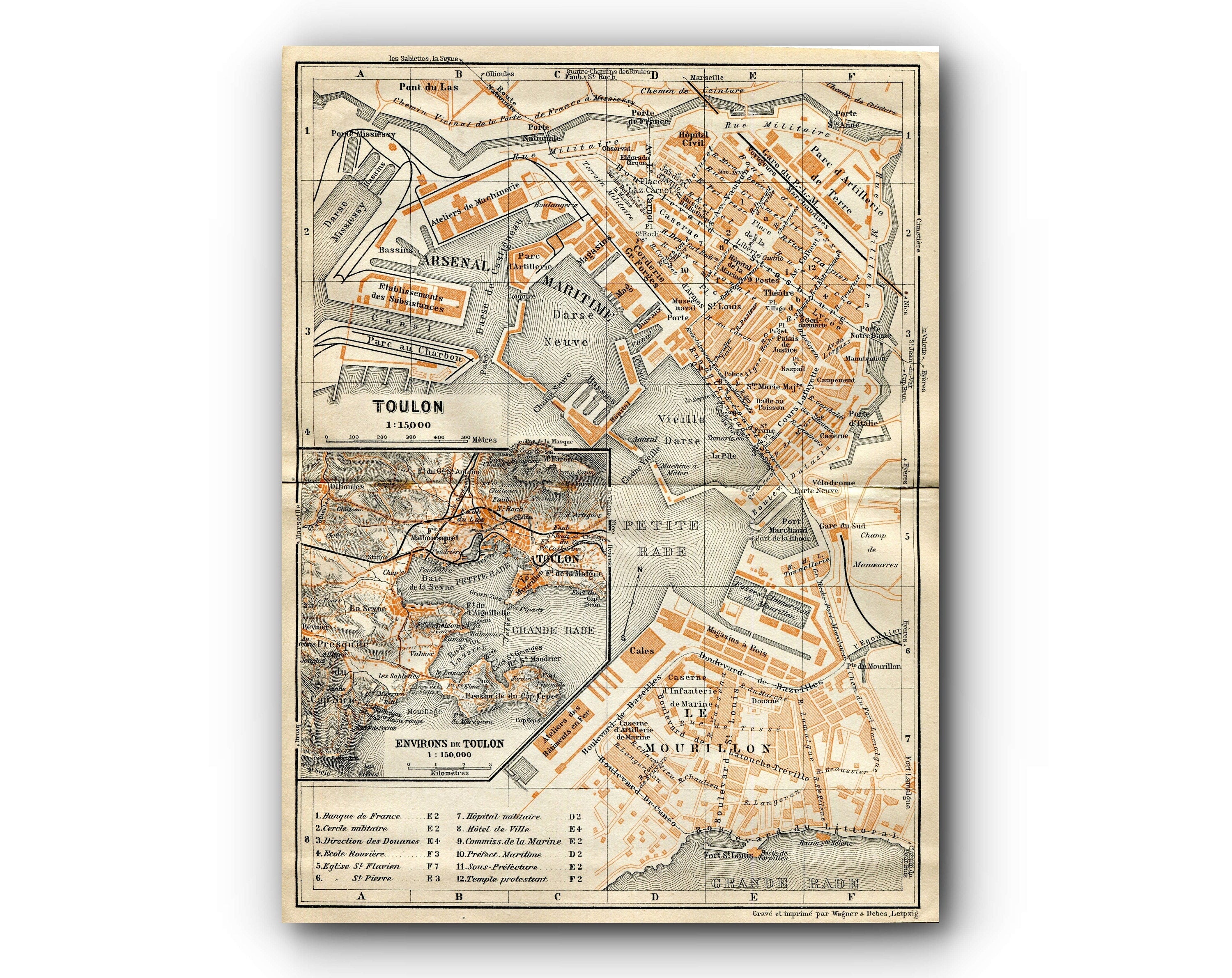 1914 Toulon, South of France Town Plan, Antique Baedeker Map, Print