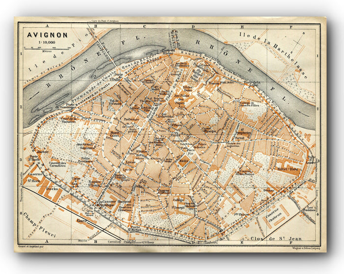 1914 Avignon, South of France Town Plan, Antique Baedeker Map, Print