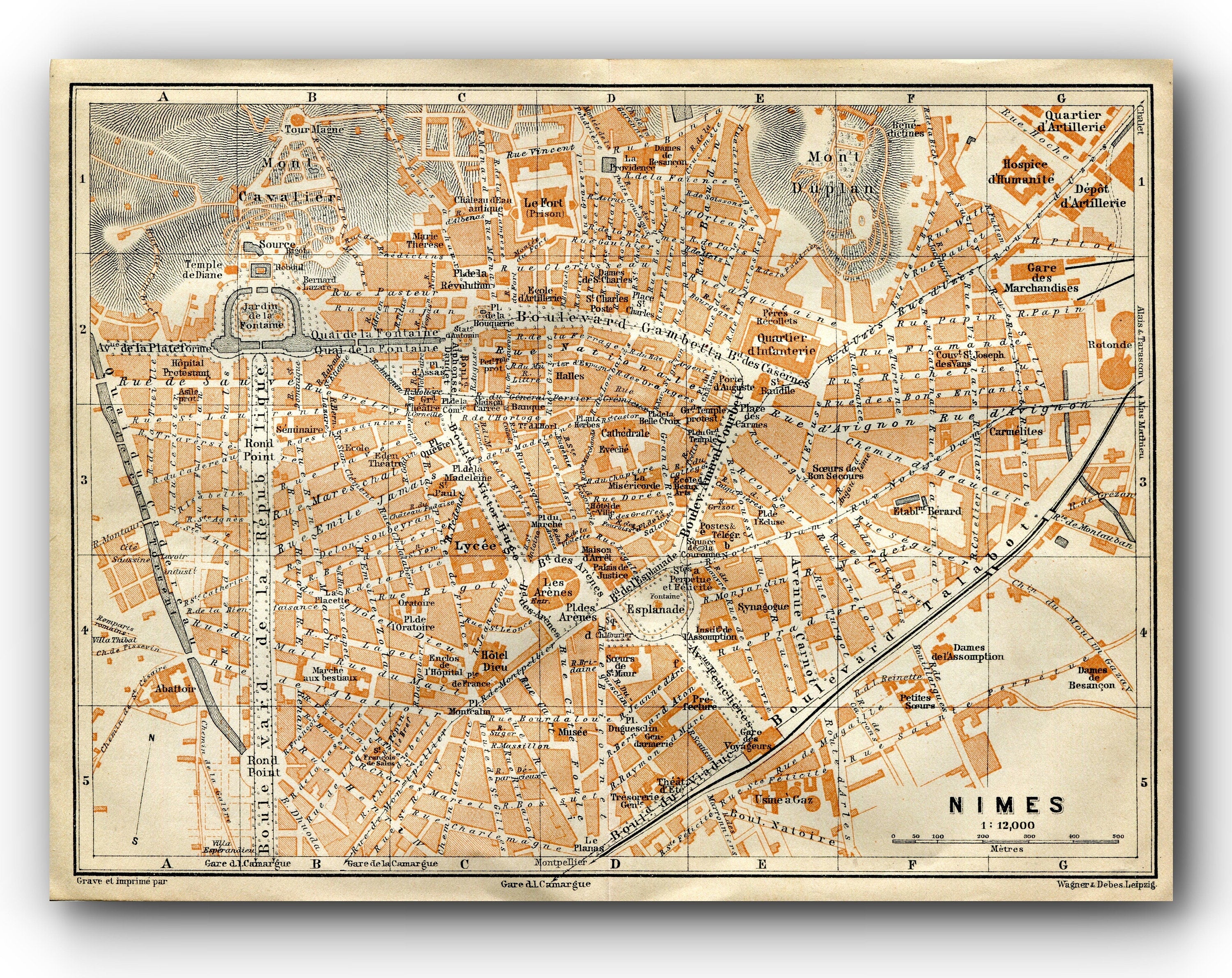1914 Nimes, South of France Town Plan, Antique Baedeker Map, Print