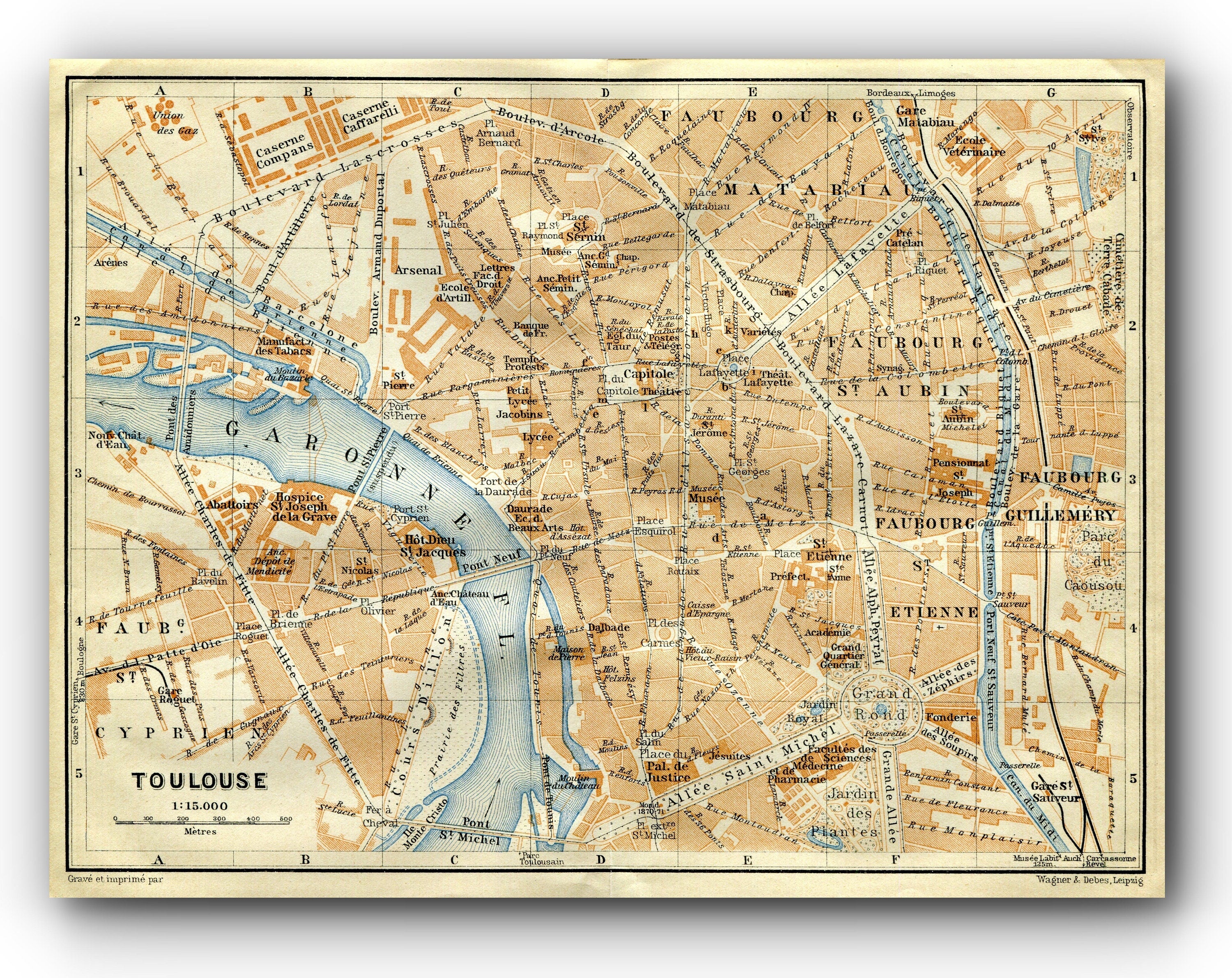 1914 Toulouse, South of France Town Plan, Antique Baedeker Map, Print