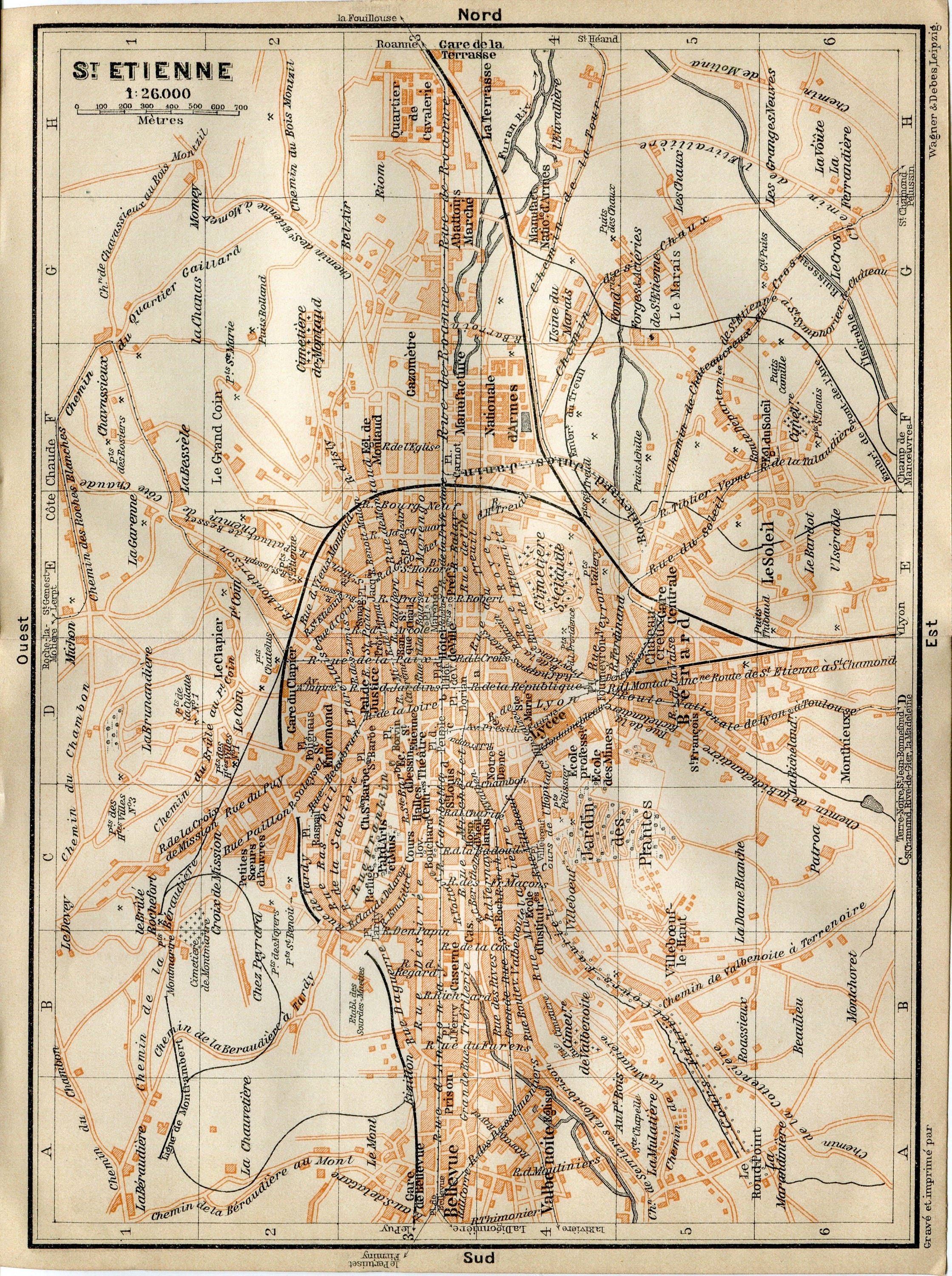 1914 St Etienne, South of France Town Plan, Antique Baedeker Map, Print