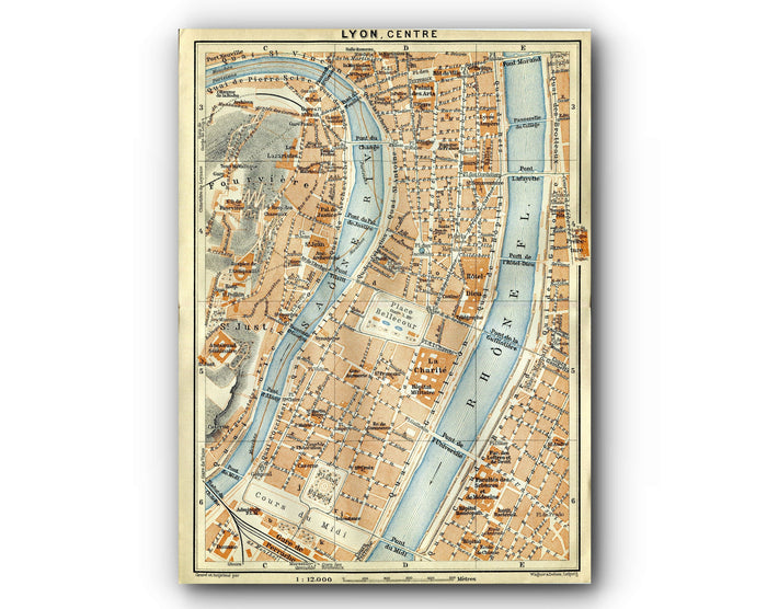 1914 Lyon, Centre, South of France Town Plan, Antique Baedeker Map, Print
