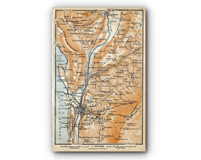 1914 Aix-les-Bains, South of France, Antique Baedeker Map, Print