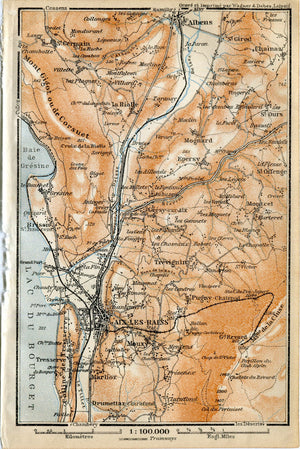1914 Aix-les-Bains, South of France, Antique Baedeker Map, Print