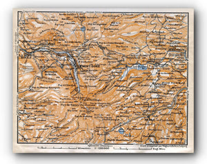 1914 Le Mont-Dore, La Bourboule, Chastreix, Chambon-sur-Lac, Murol, South of France, Antique Baedeker Map, Print