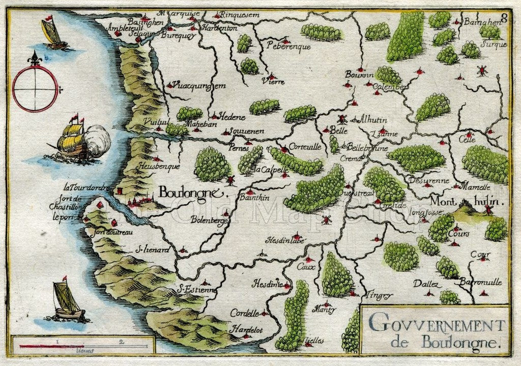 1634 Nicolas Tassin Map Boulogne sur Mer Desvres Saint Leonard Mont Hulin Picardy France Antique