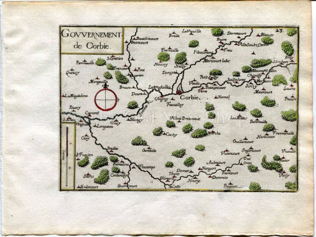 1634 Nicolas Tassin Map Corbie, Longueau, Villers, Bretonneux, Somme, Picardy, France Antique
