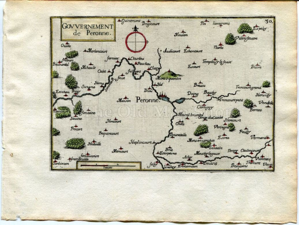 1634 Nicolas Tassin Map Peronne, Doingt, Bray sur Somme, Somme, Picardy, France Antique