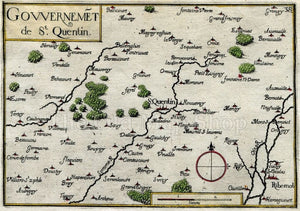 1634 Nicolas Tassin Map Saint Quentin, Ribemont, Vermand, Aisne, Picardy, France Antique