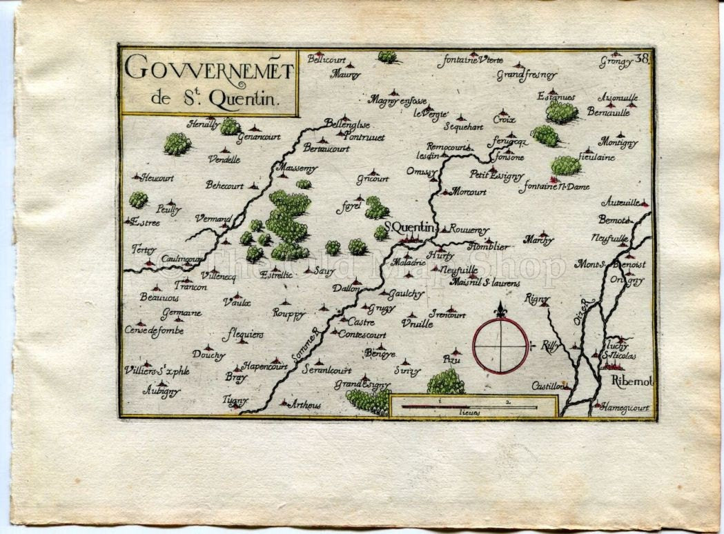 1634 Nicolas Tassin Map Saint Quentin, Ribemont, Vermand, Aisne, Picardy, France Antique