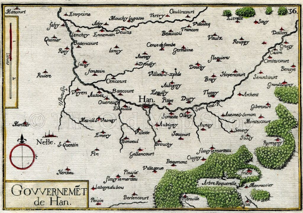 1634 Nicolas Tassin Map Ham, Eppeville, Nesle, Grugies, Somme, Picardy, France Antique