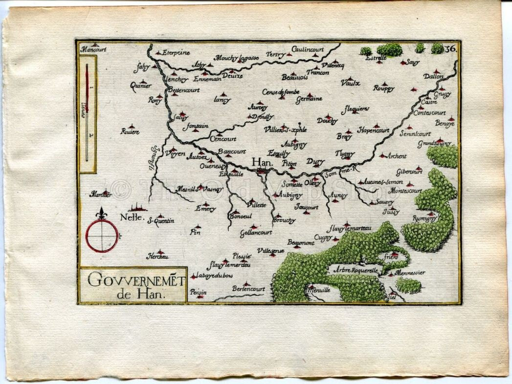 1634 Nicolas Tassin Map Ham, Eppeville, Nesle, Grugies, Somme, Picardy, France Antique