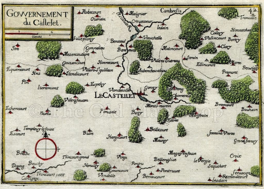 1634 Nicolas Tassin Map Le Catelet, Gouy, Bony, Vendhuile, Aisne, Picardy, France Antique