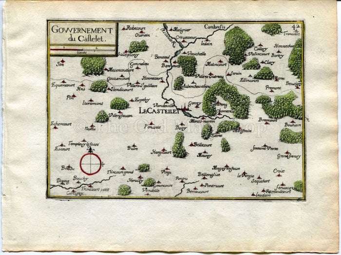 1634 Nicolas Tassin Map Le Catelet, Gouy, Bony, Vendhuile, Aisne, Picardy, France Antique