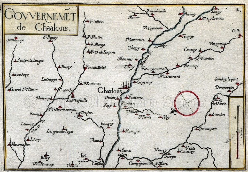 1634 Nicolas Tassin Map Chalons en Champagne, Marne, Champagne Ardenne, France Antique