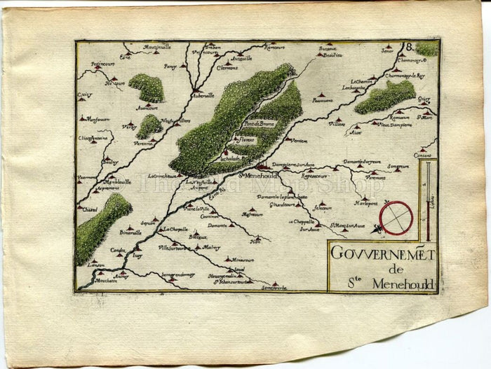 1634 Nicolas Tassin Map Sainte Menehould, Auzeville, Marne, Champagne Ardenne, France Antique