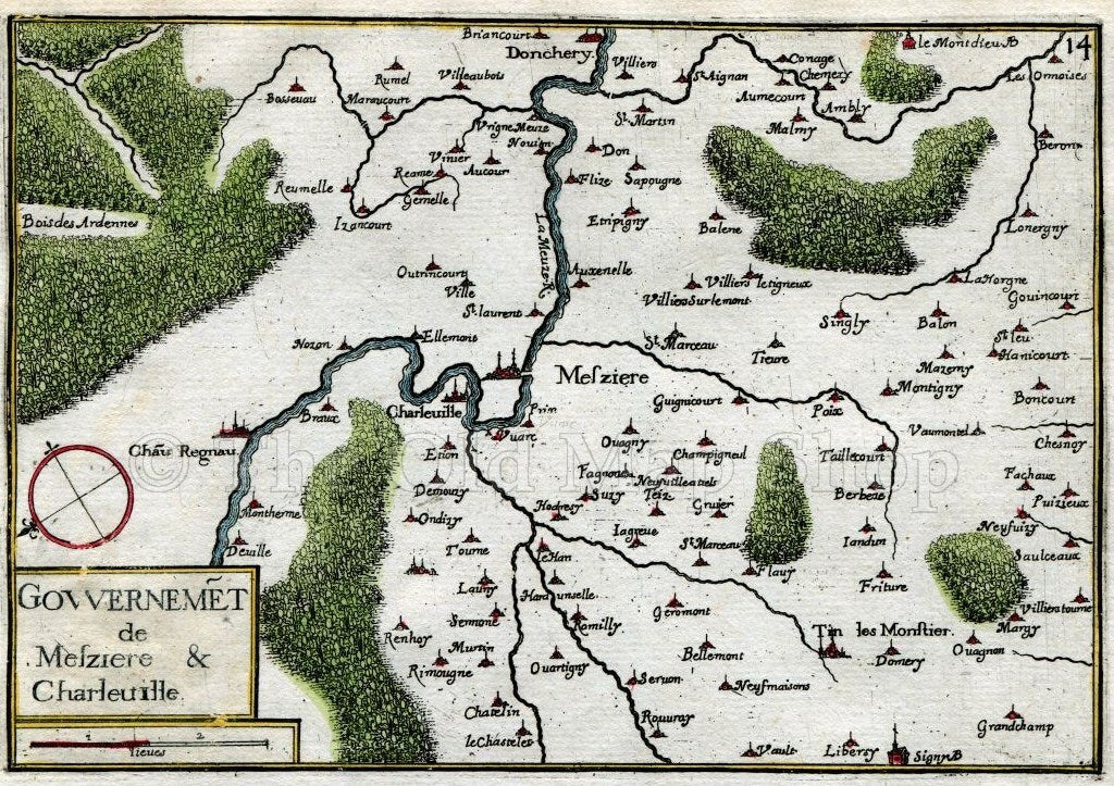 1634 Nicolas Tassin Map Charleville Mezieres, Donchery, Ardennes, Champagne Ardenne, France Antique