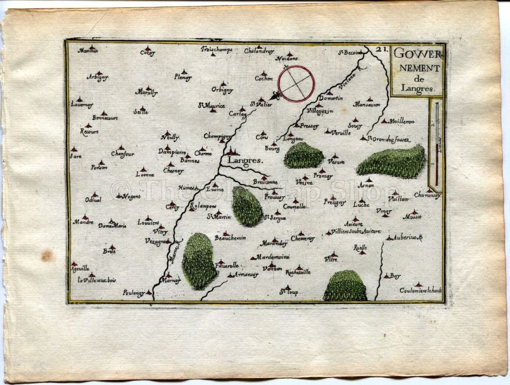 1634 Nicolas Tassin Map Langres, Rolampont, Chalindrey, Haute Marne, Champagne Ardenne, France Antique