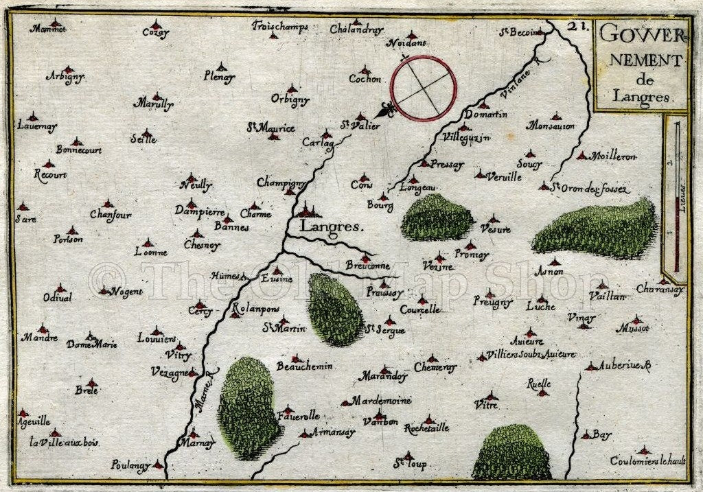 1634 Nicolas Tassin Map Langres, Rolampont, Chalindrey, Haute Marne, Champagne Ardenne, France Antique