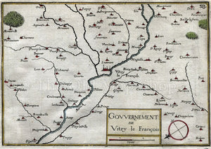 1634 Nicolas Tassin Map Vitry le Francois, Pogny, Vitry la Ville, Marne, Champagne Ardenne, France Antique