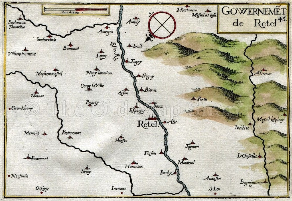 1634 Nicolas Tassin Map Rethel, Attigny, Barby, Ardennes, Champagne Ardenne, France Antique