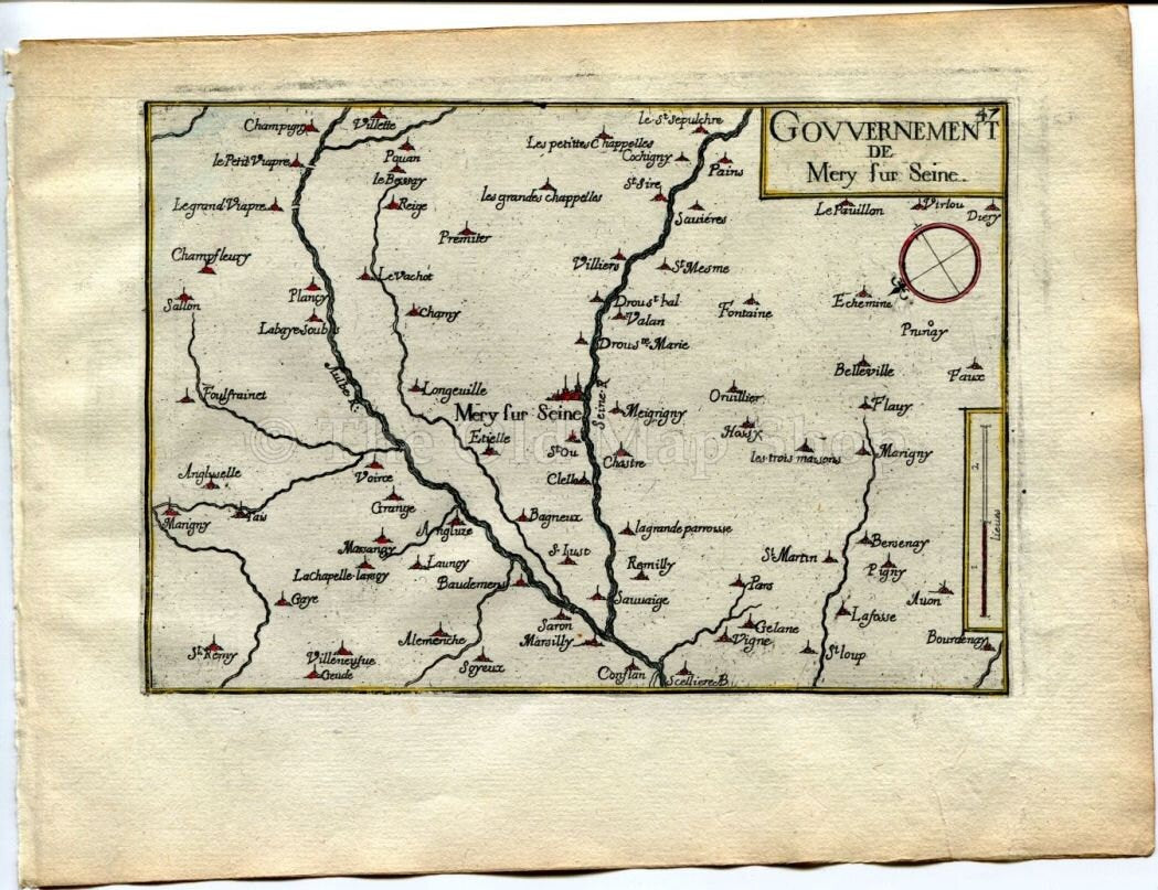 1634 Nicolas Tassin Map Mery sur Seine, Anglure, Romilly sur Seine, Aube, Champagne Ardenne, France Antique