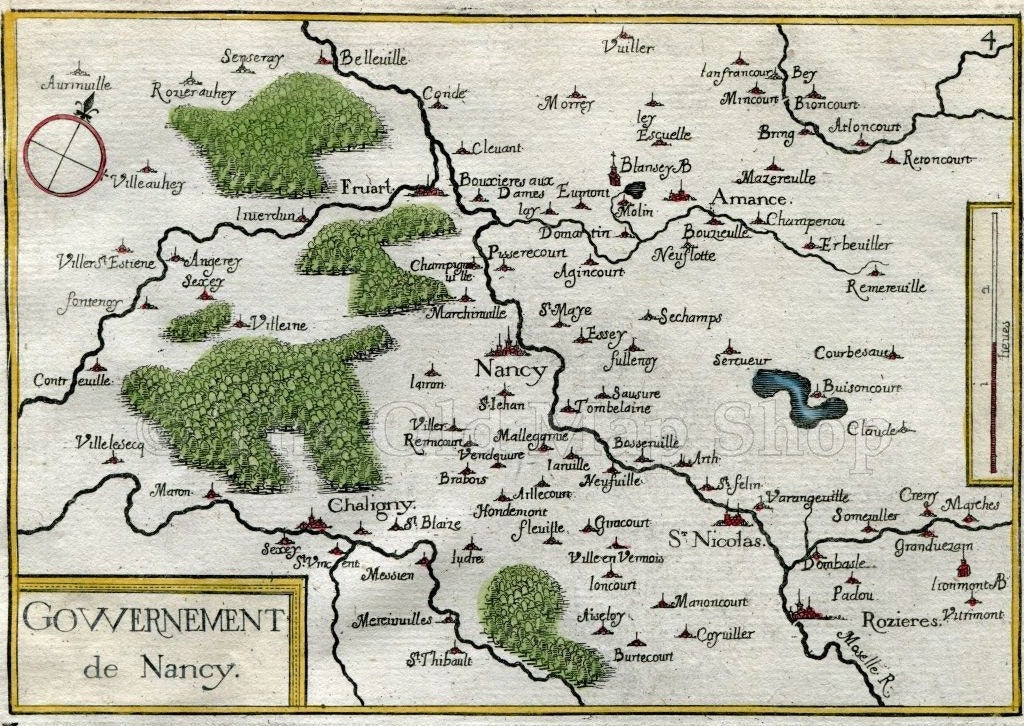 1634 Nicolas Tassin Map Nancy, Chaligny, Frouard, Liverdun, Meurthe et Moselle, Lorraine, France Antique