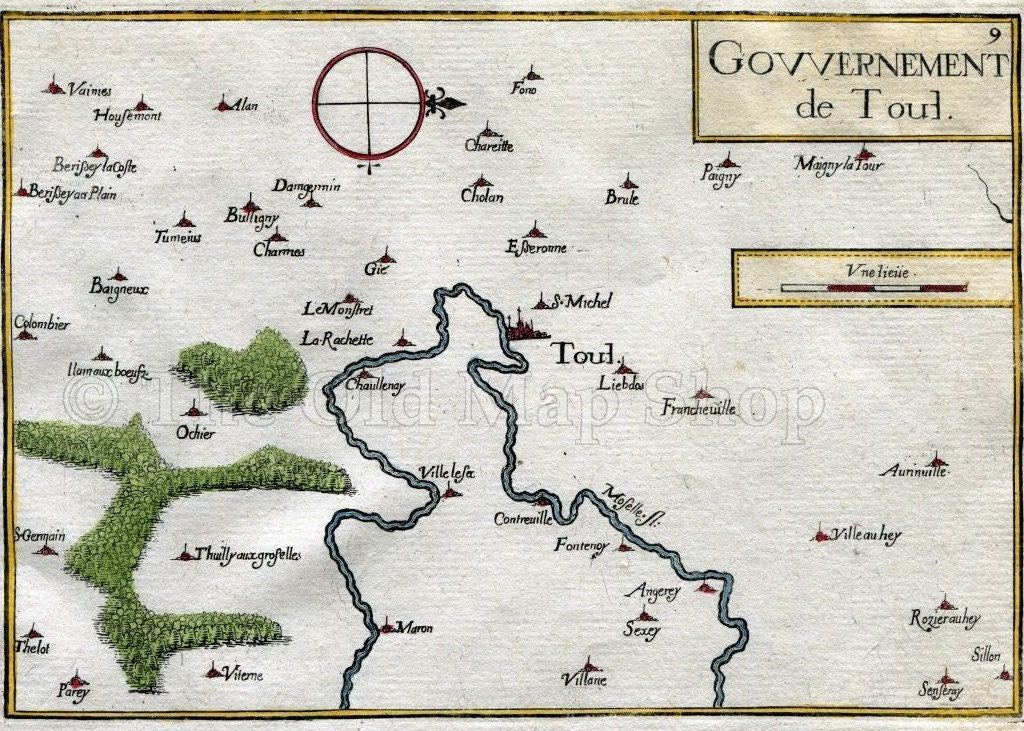 1634 Nicolas Tassin Map Toul, Domgermain, Maron, Aingeray, Meurthe et Moselle, Lorraine, France Antique