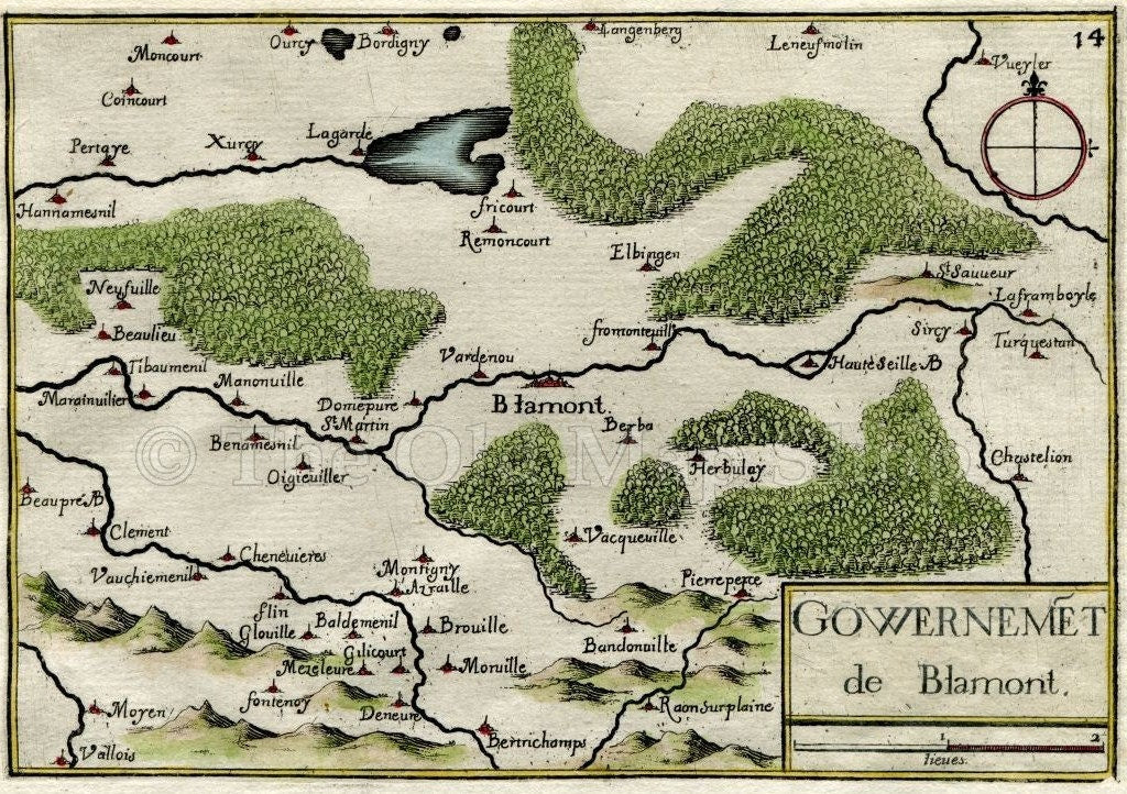 1634 Nicolas Tassin Map Blamont, Badonviller, Cirey sur Vezouze, Meurthe et Moselle, Lorraine, France Antique