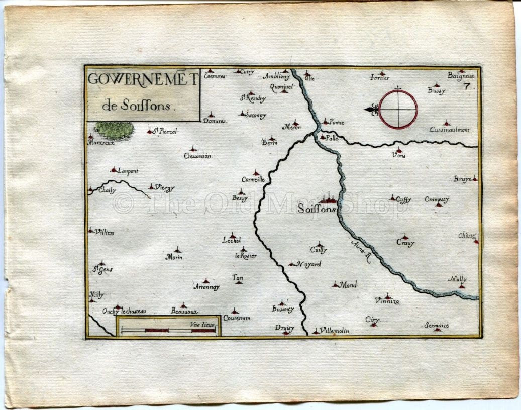 1634 Nicolas Tassin Map Soissons, Cuffies, Crouy, Courmelles, Aisne, Picardy, France, Antique
