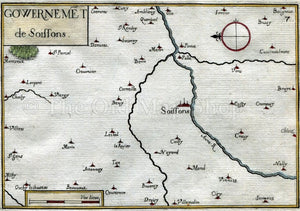 1634 Nicolas Tassin Map Soissons, Cuffies, Crouy, Courmelles, Aisne, Picardy, France, Antique