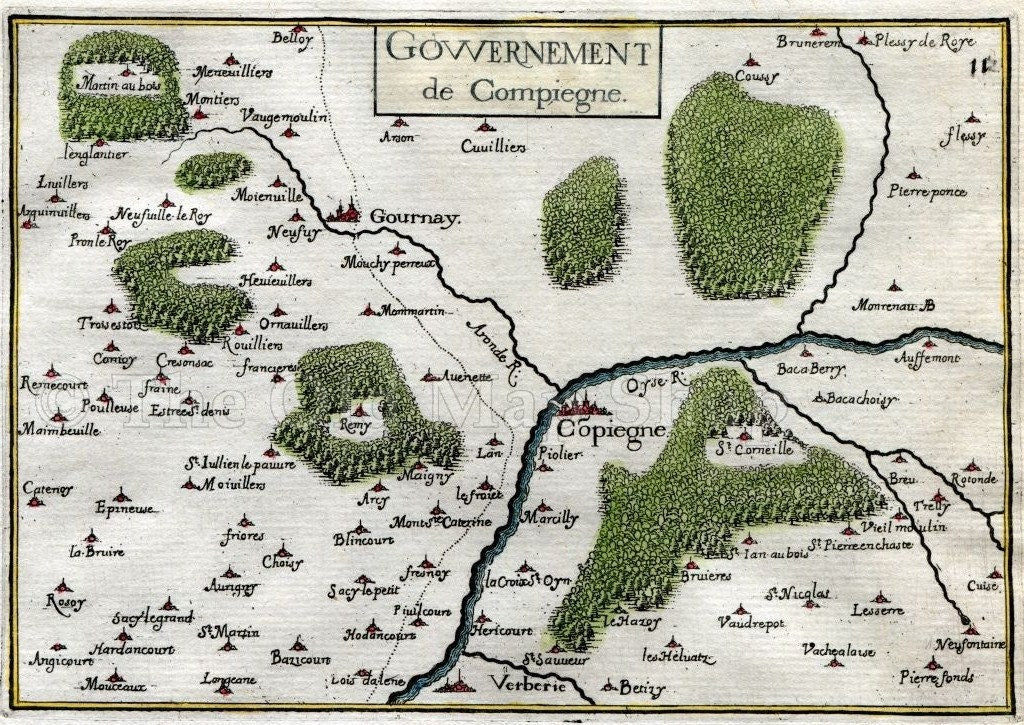 1634 Nicolas Tassin Map Compiegne, Remy, Estrees Saint Denis, Verberie, Oise, Picardy, France, Antique