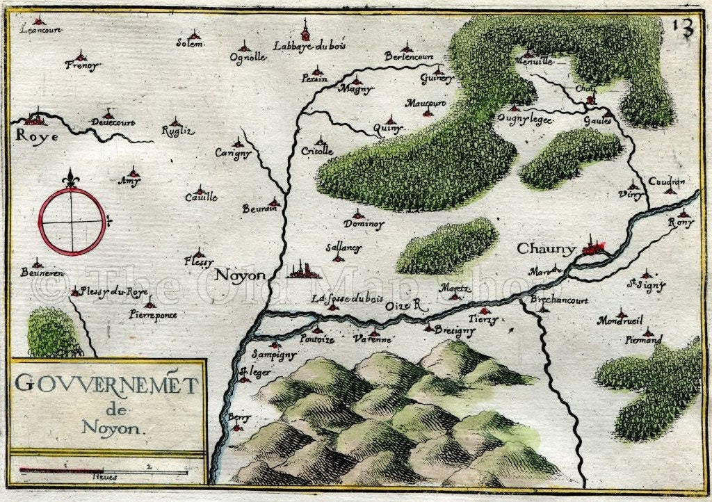 1634 Nicolas Tassin Map Noyon, Chauny, Viry Noureuil, Sinceny, Oise, Picardy, France, Antique