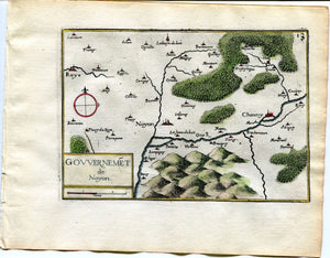 1634 Nicolas Tassin Map Noyon, Chauny, Viry Noureuil, Sinceny, Oise, Picardy, France, Antique