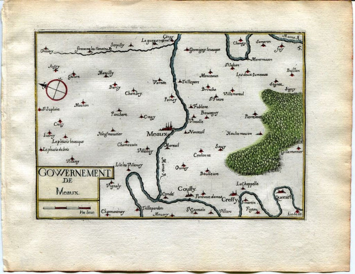 1634 Nicolas Tassin Map Meaux, Trilport, Villenoy, Seine et Marne, Ile de France, Antique