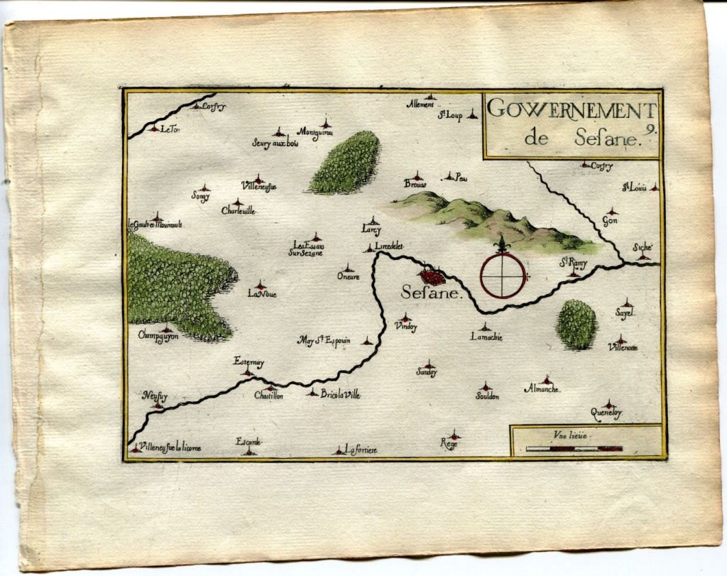 1634 Nicolas Tassin Map Sezanne, Esternay, Broyes, Lachy, Marne, Champagne Ardenne, France Antique
