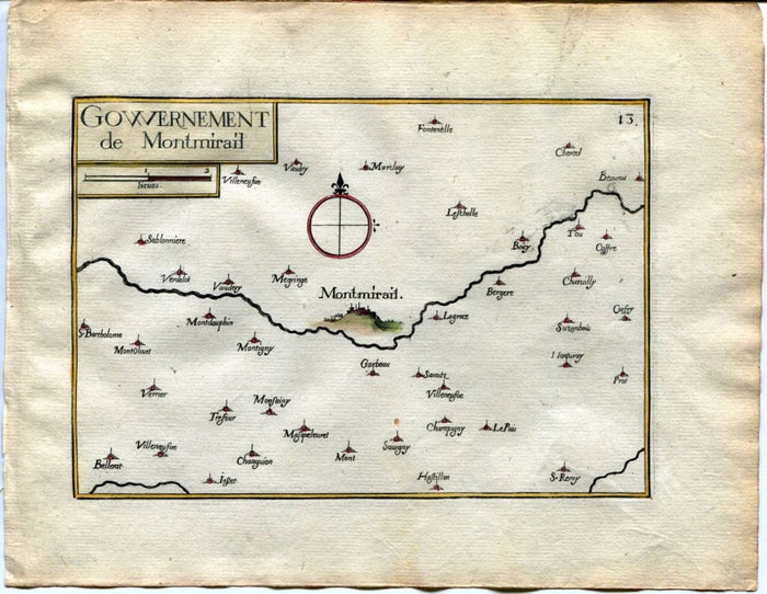 1634 Nicolas Tassin Map Montmirail, Verdelot, Mecringes, Marne, Champagne Ardenne, France Antique