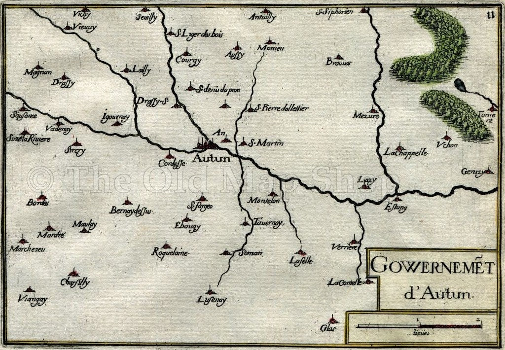 1634 Nicolas Tassin Map Autun, Etang sur Arroux, Mesvres, Igornay, Saone et Loire, Burgundy, France Antique