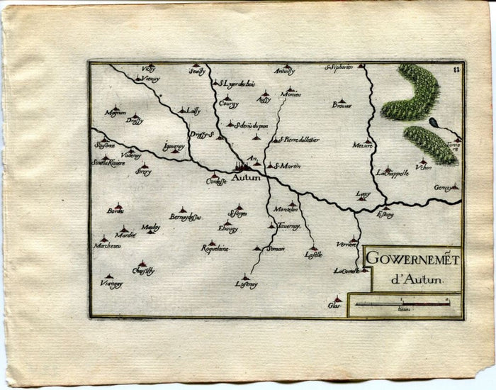1634 Nicolas Tassin Map Autun, Etang sur Arroux, Mesvres, Igornay, Saone et Loire, Burgundy, France Antique