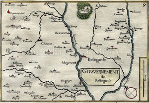 1634 Nicolas Tassin Map Bellegarde (Seurre), Saint Aubin, Cote d'Or, Burgundy, France Antique