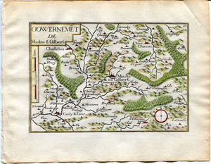 1634 Nicolas Tassin Map Moulins Engilbert, Cercy la Tour, Chatillon en Bazois, Nievre, Burgundy, France Antique