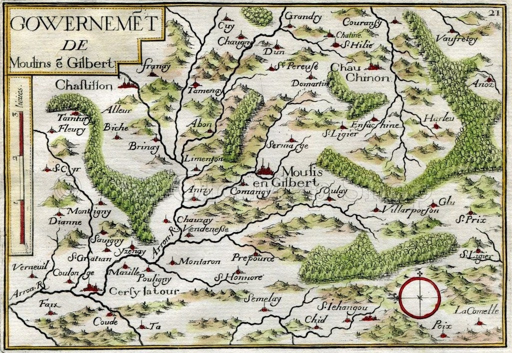 1634 Nicolas Tassin Map Moulins Engilbert, Cercy la Tour, Chatillon en Bazois, Nievre, Burgundy, France Antique