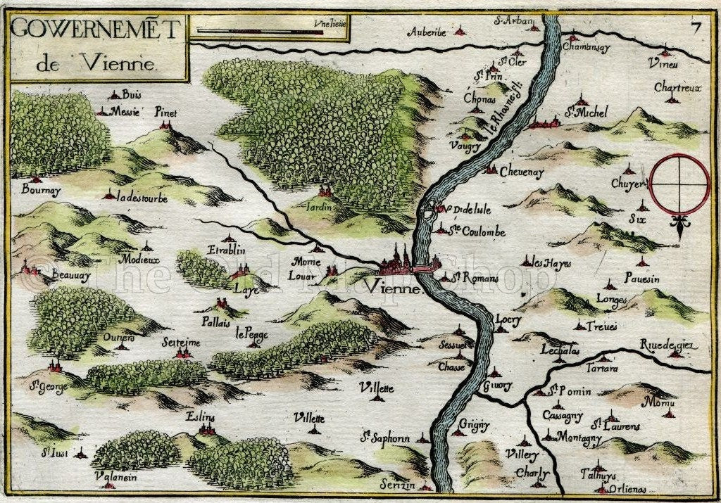 1634 Nicolas Tassin Map Vienne, Givors, Grigny, Chavanay, Isere, Rhone Alpes, France Antique