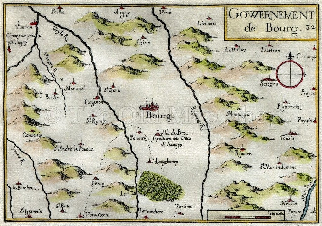 1634 Nicolas Tassin Map Bourg en Bresse, Peronnas, Attignat, Lent, Ain, Rhone Alpes, France Antique