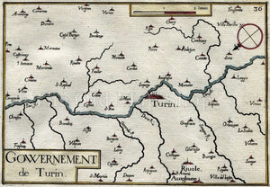 1634 Nicolas Tassin Map Turin, Torino, Rivoli, Avigliana, Volpiano, Orbassano, Piedmont, Italy Antique